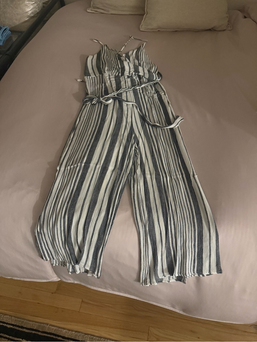 Navy and White Striped Sleeveless Jumpsuit with Tie Waist